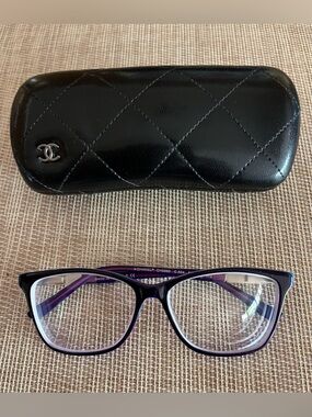 Classic CHANEL Purple Accented Glasses with Matching Black Quilted Eyewear Case